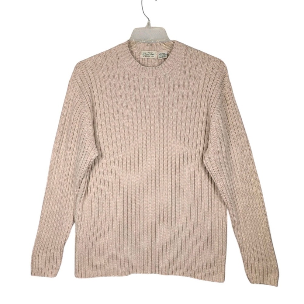 St Johns Bay Ribbed Sweater XL Tan Cotton Crew Neck Fisherman Minimalist Neutral
